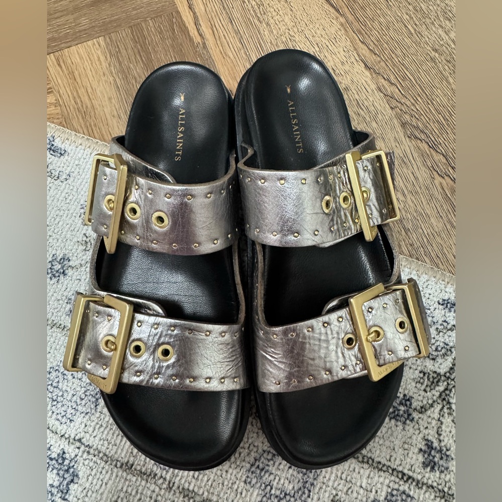 ALLSAINTS Magda Metallic Double Buckle Sandals NIB - Picture 4 of 9